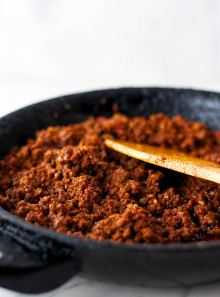 taco meat is ready in a frying pan