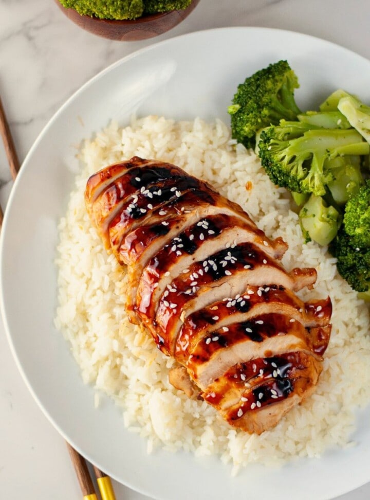 chicken teriyaki with white rice and broccoli on the side