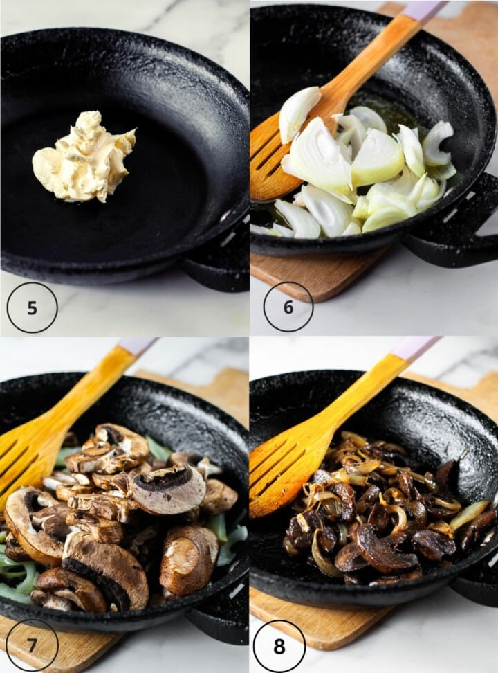 more steps for making the mushroom and onion toppings