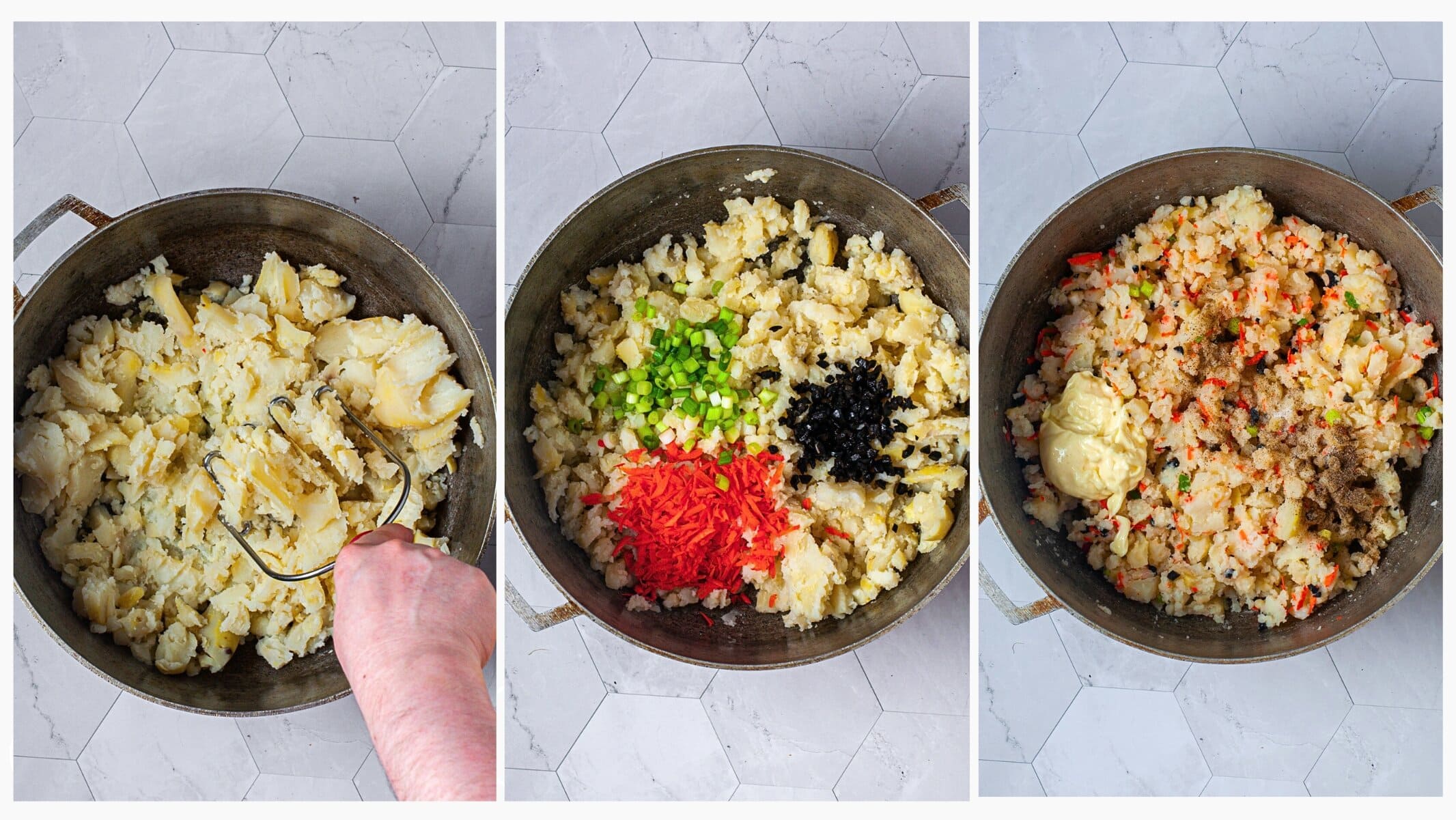 three images about how to make juan pollo potato salad 
